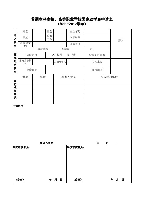 国家助学金申请表