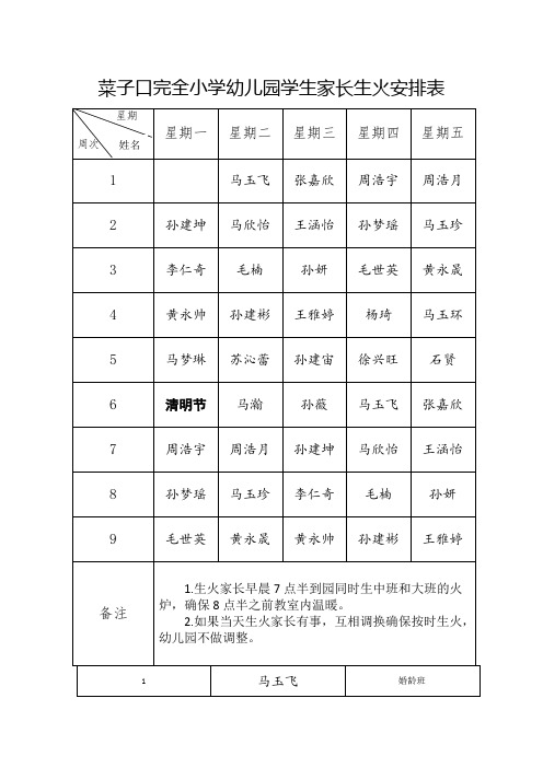 菜子口完全小学幼儿园学生家长生火安排表