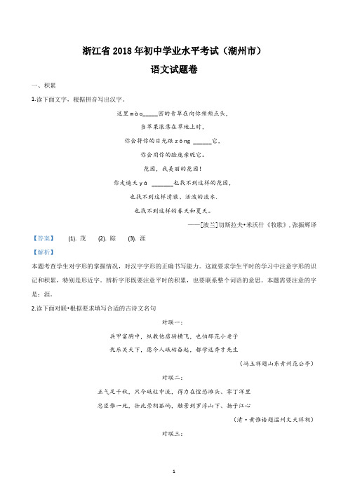 浙江省湖州市2018年初中学业考试语文试题【word精校精析版】