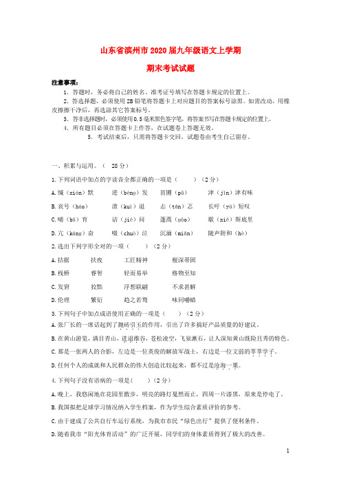 山东省滨州市2019_2020九年级语文上学期期末考试试题新人教版