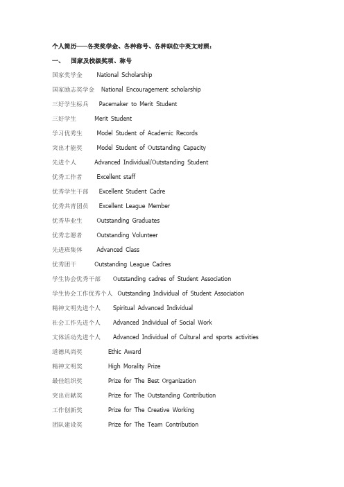 简历英文对照(奖学金、称号、职位)