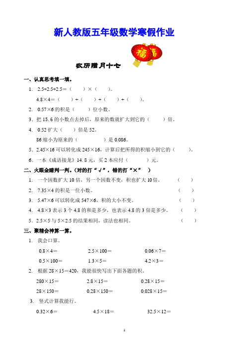 新人教版五年级数学寒假作业