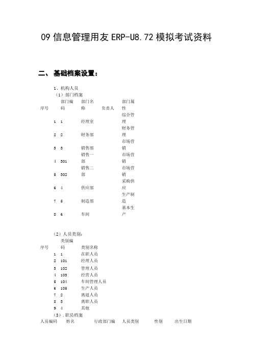 09信息管理用友ERP-U8.72模拟考试内容2--基础档案设置