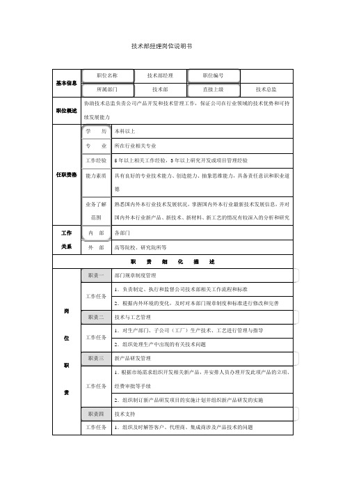 技术部经理岗位说明书