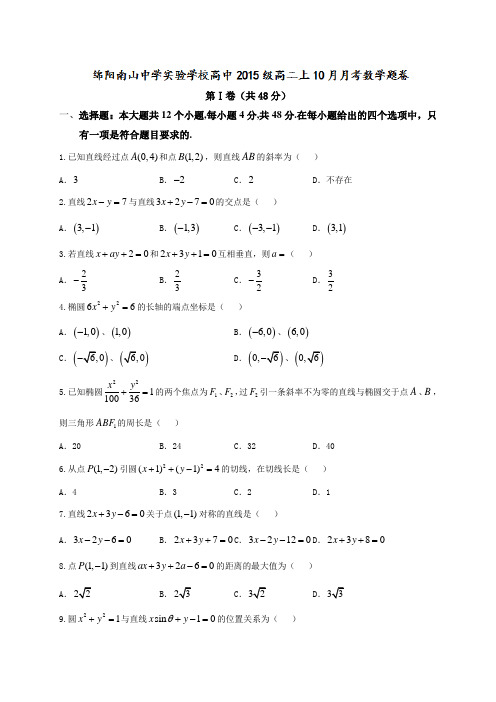 四川省绵阳市南山中学实验学校2016-2017学年高二10月月考数学(理)试题