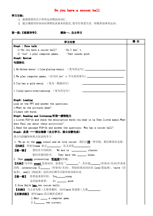 广东省河源中国教育学会中英文实验学校2020学年七年级英语上册《Unit 5 Do you have a soccer ball》讲学稿