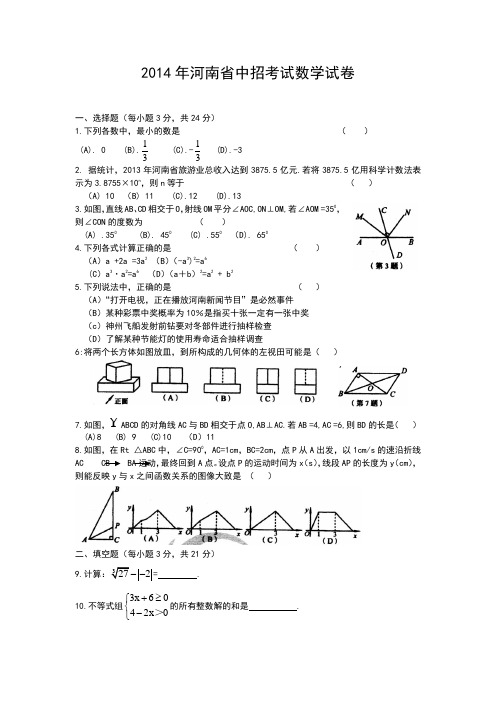 2014年河南省中招考试数学试卷