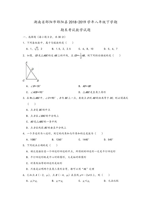 邵阳市邵阳县2018-2019学年湘教版八年级下期末数学试题含答案解析