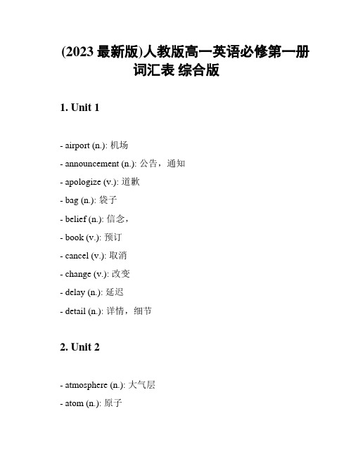 (2023最新版)人教版高一英语必修第一册词汇表 综合版