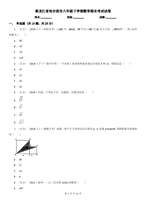 黑龙江省哈尔滨市八年级下学期数学期末考试试卷