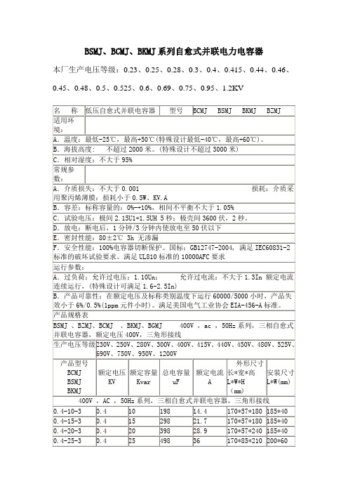 自愈式并联电力电容器参数