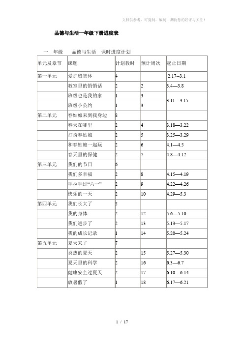 品德与生活一年级下册进度表