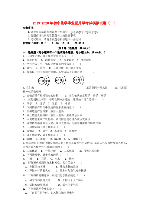 2019-2020年初中化学毕业暨升学考试模拟试题(一)