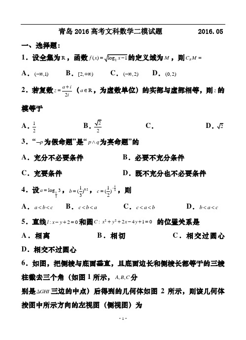 山东省青岛市2016届高三自主练习(二模)文科数学试题及答案