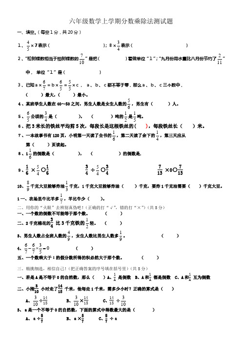 新人教版六年级数学测试题分数乘除法测试题