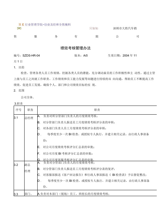 汽车销售服务公司绩效考核管理制度