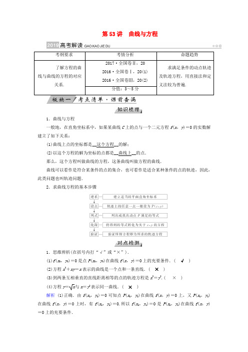 2019版高考数学一轮复习 第八章 解析几何 第53讲 曲线与方程学案