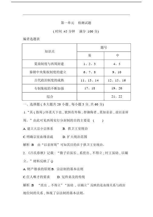 2020版高中历史岳麓版必修一试题：第一单元检测试题Word版含解析.docx