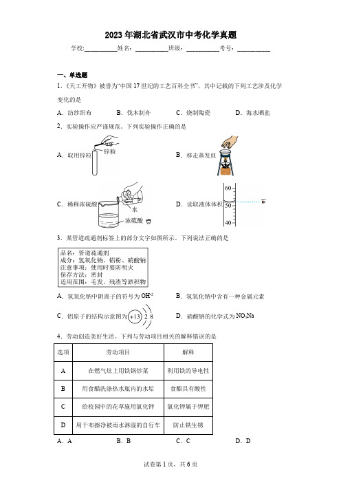 2023年湖北省武汉市中考化学真题(含答案)