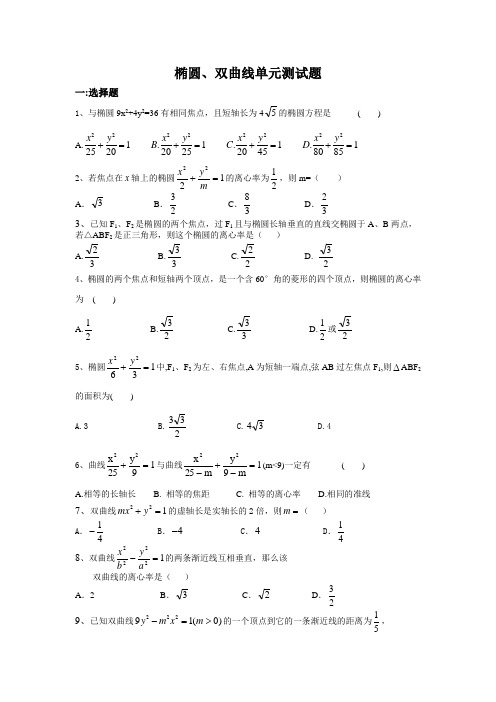 高二椭圆、双曲线单元测试题