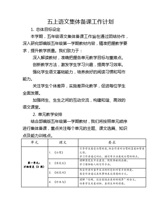 五上语文集体备课工作计划