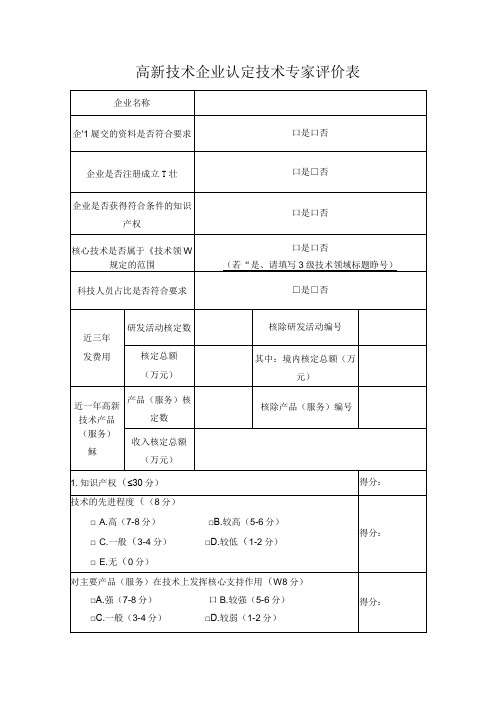 高新技术企业认定技术专家评价表