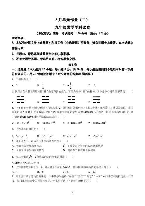 广西壮族自治区南宁天桃教育集团2023-2024学年九年级下学期第二次月考数学试题(含答案)