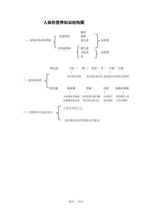 初中七年级(初一)生物人体的营养知识结构图