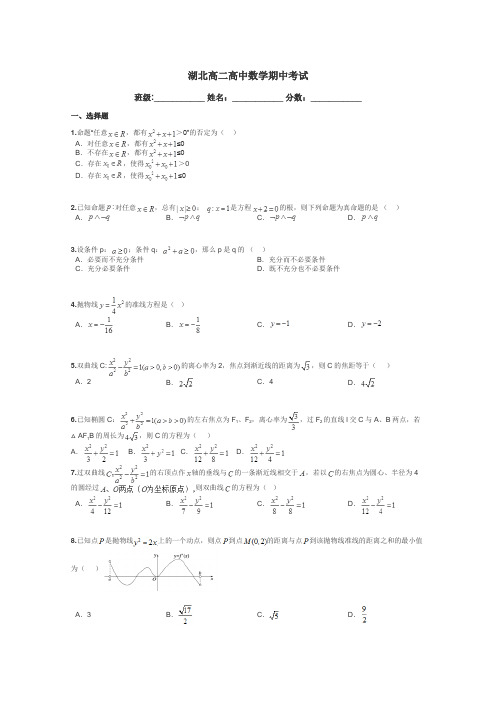 湖北高二高中数学期中考试带答案解析
