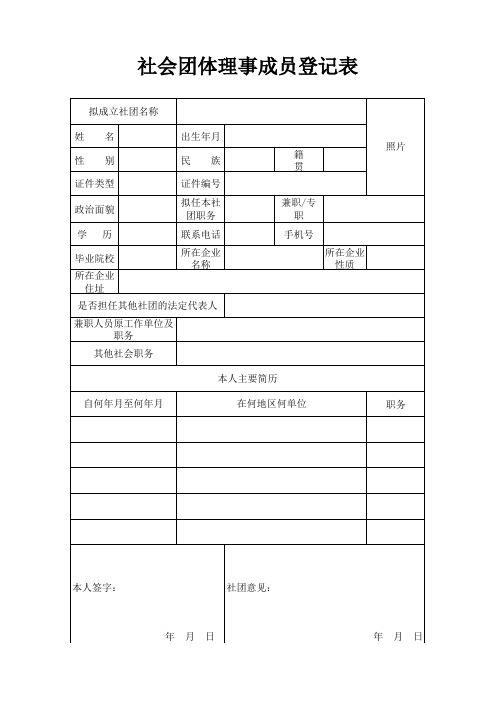 社会团体理事成员登记表(标准)