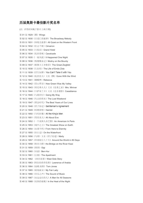 历届奥斯卡最佳影片奖名单
