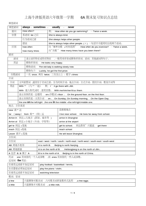 上海牛津版英语六年级第一学期6A期末复习知识点总结