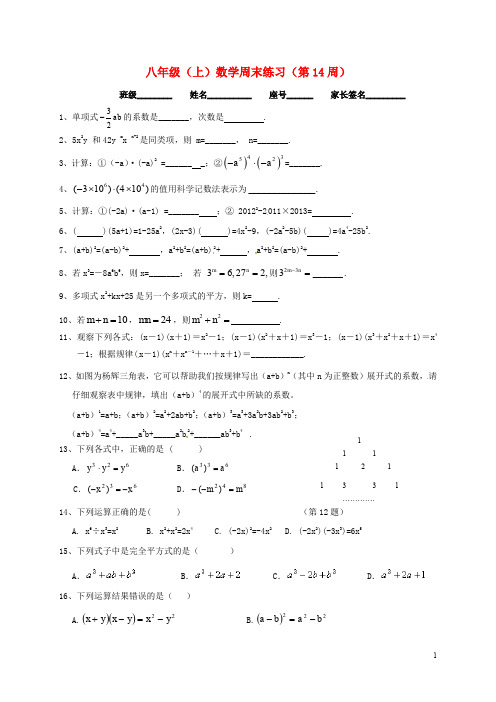 福建省龙岩市永定区八年级数学上学期周末作业(第14周,