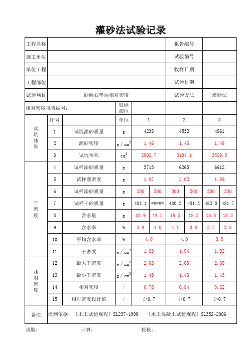 水利粗粒土相对密度试验记录数据