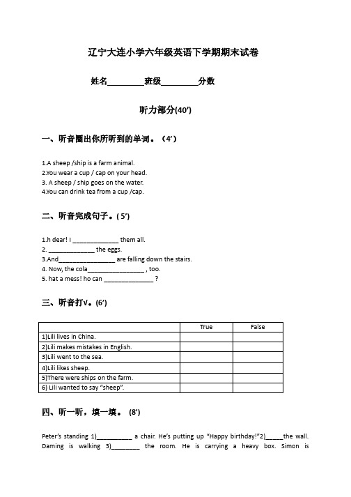 辽宁大连小学六年级英语下学期期末试卷