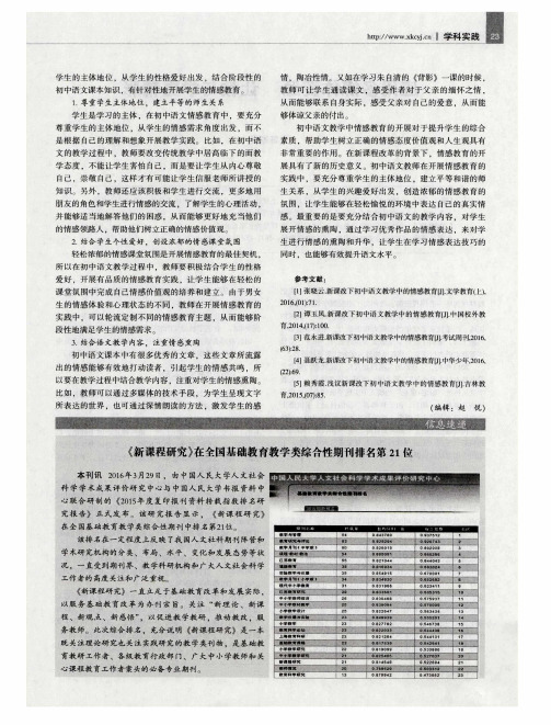 《新课程研究》在全国基础教育教学类综合性期刊排名第21位