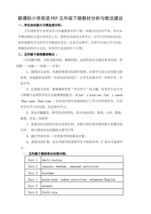 新课标小学英语PEP五年级下册教材分析与教法建议