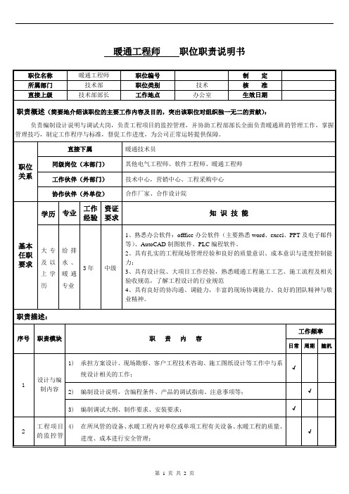 暖通工程师职位职责说明书