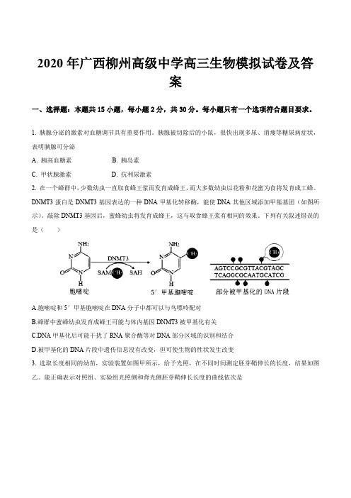 2020年广西柳州高级中学高三生物模拟试卷及答案