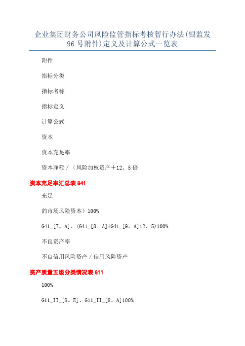 企业集团财务公司风险监管指标考核暂行办法(银监发96号)定义及计算公式一览表