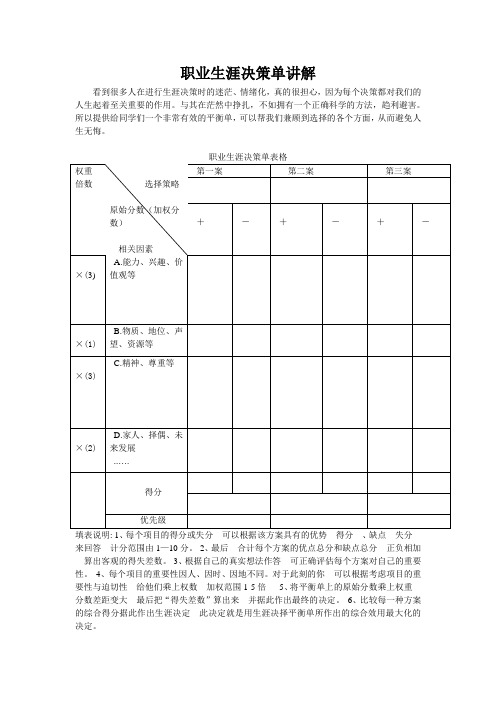 职业生涯决策单