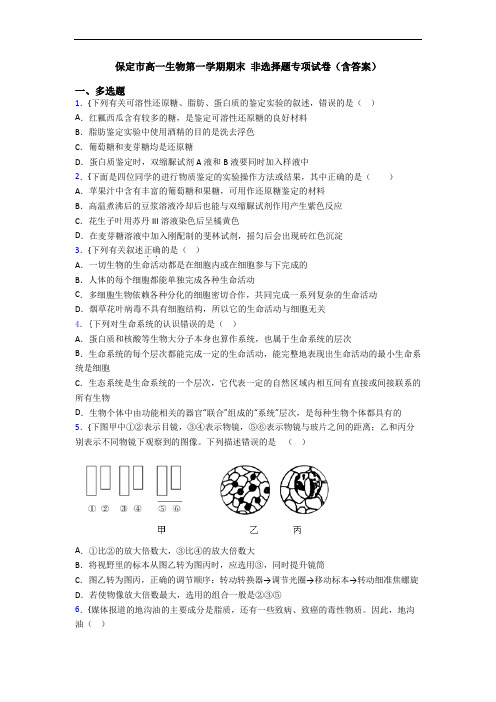 保定市高一生物第一学期期末 非选择题专项试卷(含答案)