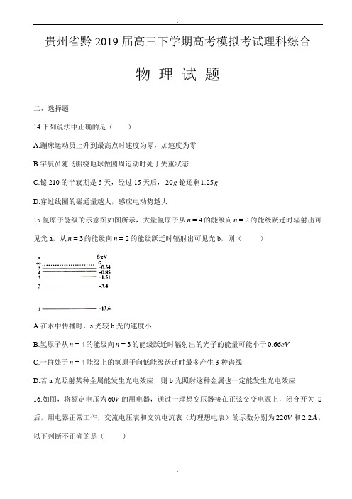 贵州省黔东南州2019届高三下学期高考模拟考试理科综合物理试题_word版含参考答案