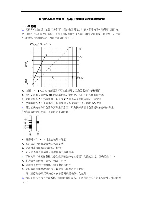 山西省沁县中学高中一年级上学期期末抽测生物试题