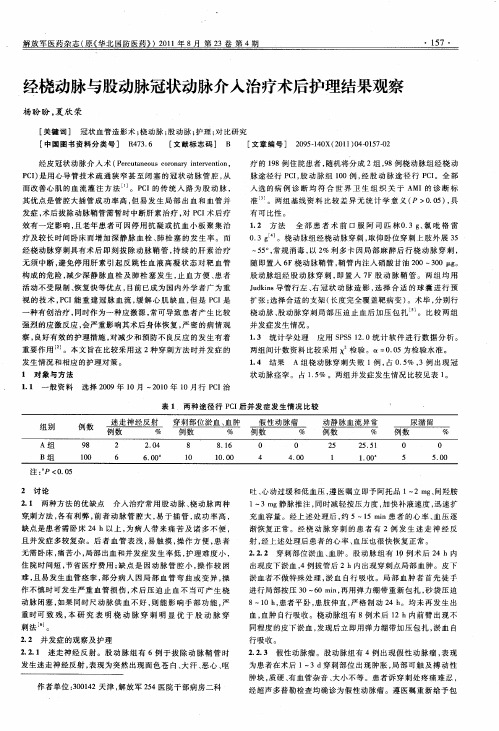 经桡动脉与股动脉冠状动脉介入治疗术后护理结果观察