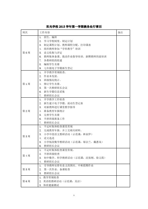 阳光学校2015学年第一学期教务处行事历