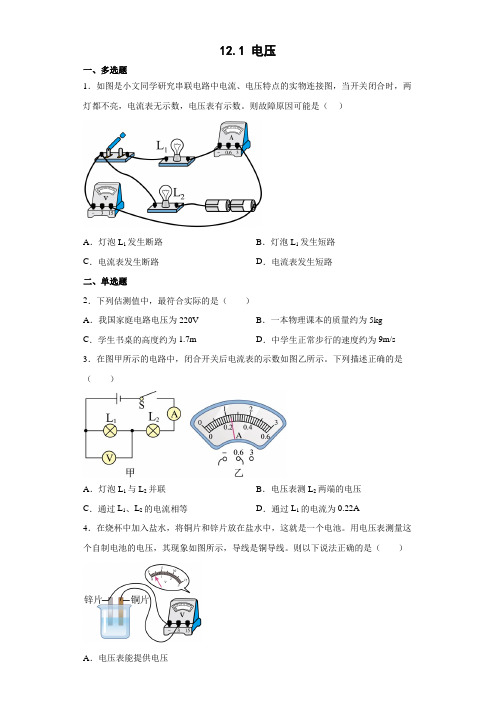 2023-2024学年鲁教版(五四制)物理九上同步教学 -电压 同步练习