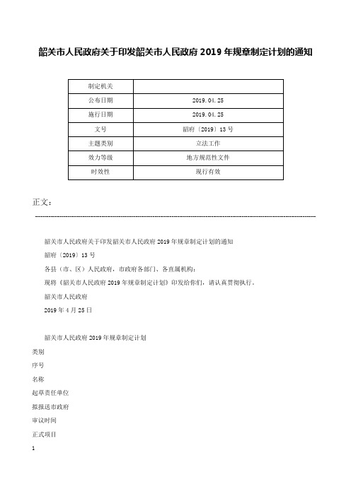 韶关市人民政府关于印发韶关市人民政府2019年规章制定计划的通知-韶府〔2019〕13号