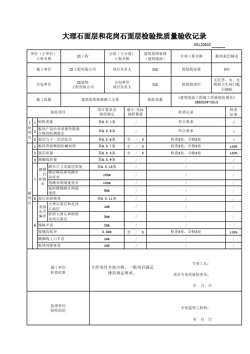 大理石面层和花岗石面层检验批质量验收记录03120302(填写范例)