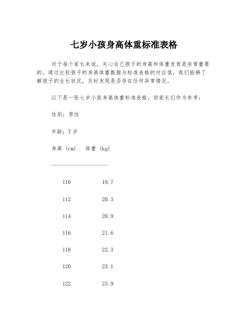 七岁小孩身高体重标准表格